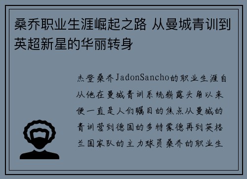 桑乔职业生涯崛起之路 从曼城青训到英超新星的华丽转身