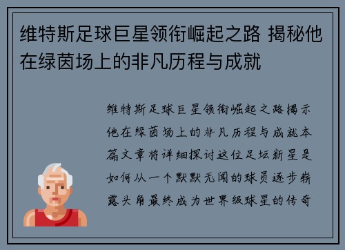 维特斯足球巨星领衔崛起之路 揭秘他在绿茵场上的非凡历程与成就