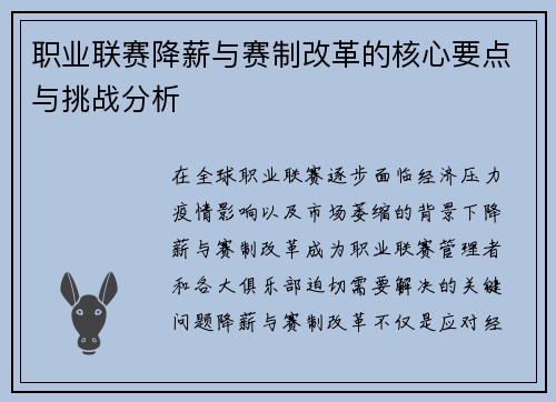 职业联赛降薪与赛制改革的核心要点与挑战分析