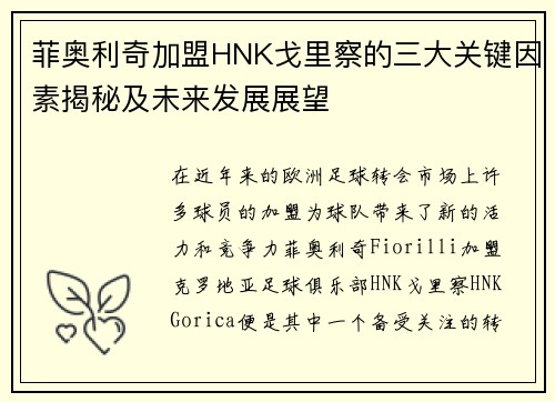 菲奥利奇加盟HNK戈里察的三大关键因素揭秘及未来发展展望