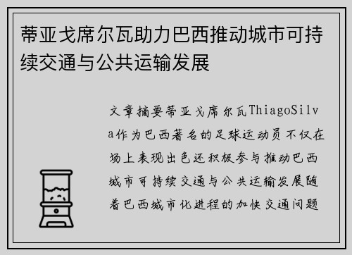 蒂亚戈席尔瓦助力巴西推动城市可持续交通与公共运输发展
